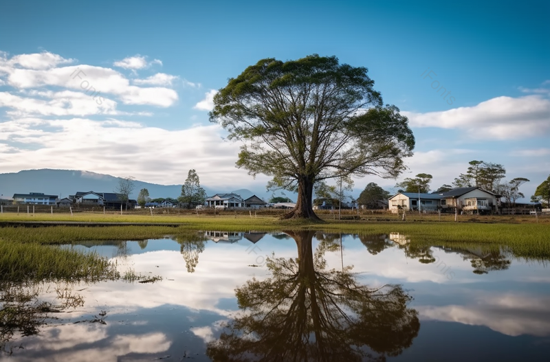 洱海夫妻树高大的树木蓝天白云倒映在平静的湖泊水面上无人的场景自然环境旅游目的地图像摄影,高清,摄影图,摄影图片,图片大全,摄影图免费下载